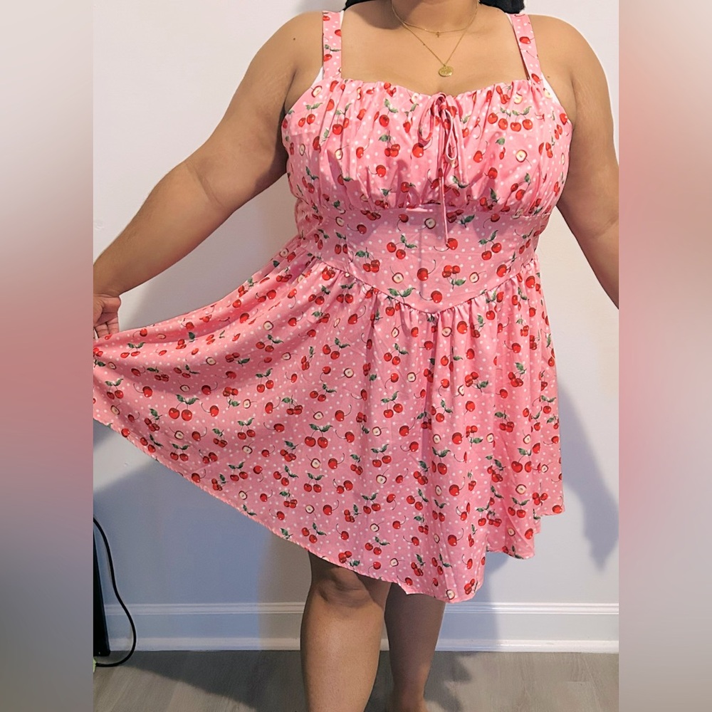 Pink Polk Dot and Cherry Print Dress